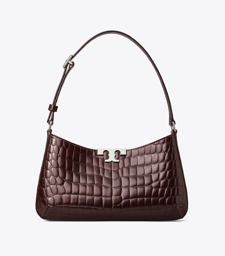 Tory Burch diseñador bolsos de hombro Bolso de hombro delgado Eleanor con piel grabada en relieve con efecto de cocodrilo en Deep Burgundy frente