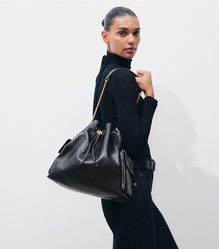 Tory Burch diseñador bolsos de hombro Bolso de hombro grande acolchado con cordón ajustable Charlie en Black accesorio en modelo