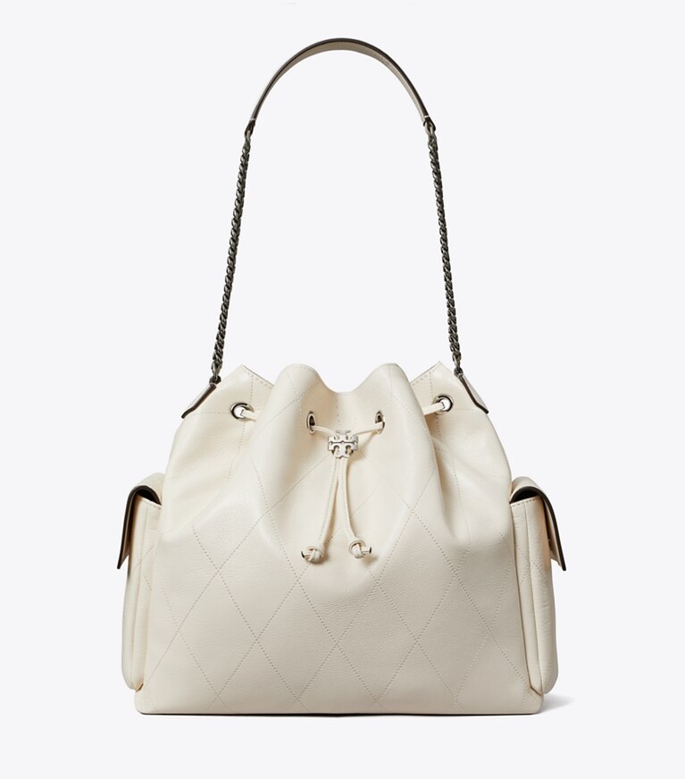 Tory Burch diseñador bolsos de hombro Bolso de hombro grande acolchado con cordón ajustable Charlie en Light Cream frente