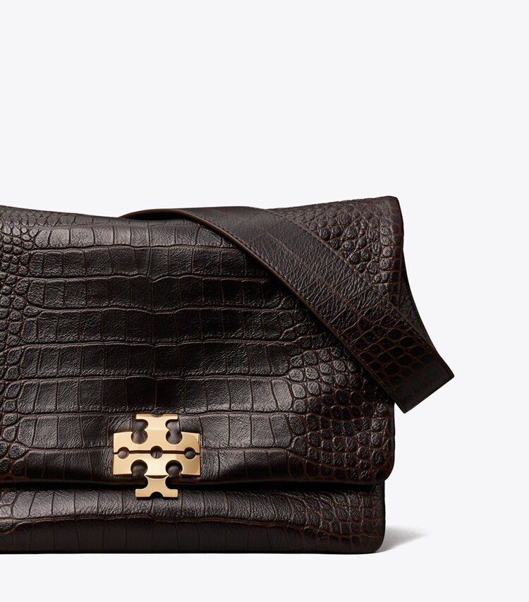 Tory Burch diseñador bolsos de hombro Bolso de hombro grande Charlie Runway con relieve de cocodrilo en Dark Brown detalle