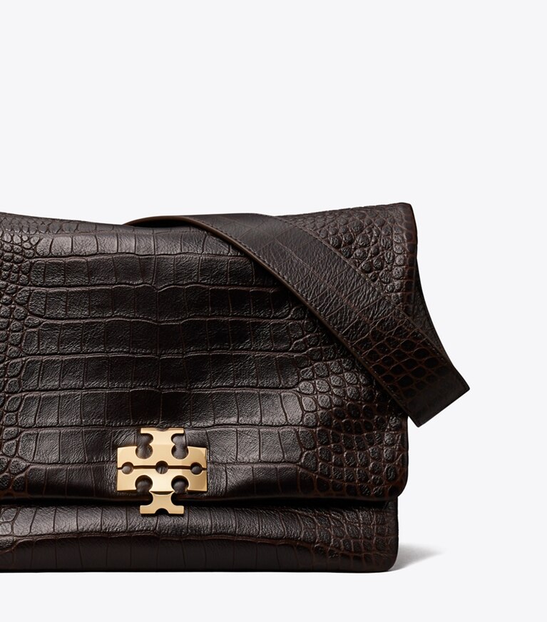 Tory Burch diseñador bolsos de hombro Bolso de hombro grande Charlie Runway con relieve de cocodrilo en Dark Brown detalle