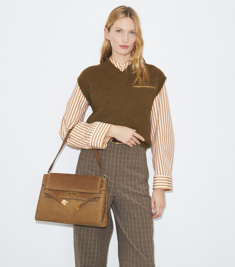 Tory Burch diseñador bolsos de hombro Bolso de hombro grande de gamuza Lee Radziwill en WILD TABACCO accesorio en modelo