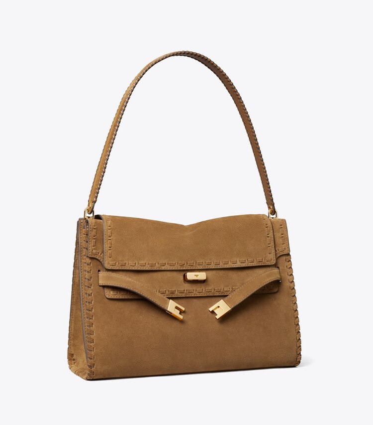 Tory Burch diseñador bolsos de hombro Bolso de hombro grande de gamuza Lee Radziwill en WILD TABACCO ángulo