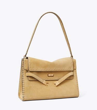 Tory Burch diseñador bolsos de hombro Bolso de hombro grande de gamuza Lee Radziwill en Butter ángulo