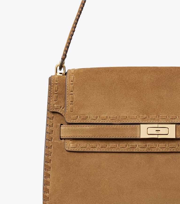 Tory Burch diseñador bolsos de hombro Bolso de hombro grande de gamuza Lee Radziwill en WILD TABACCO detalle