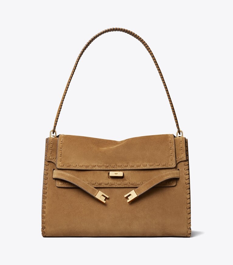 Tory Burch diseñador bolsos de hombro Bolso de hombro grande de gamuza Lee Radziwill en WILD TABACCO frente