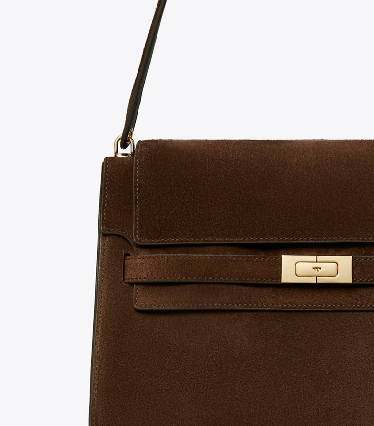 Tory Burch diseñador bolsos de hombro Bolso de hombro grande Lee Radziwill de ante en Dark Cocoa detalle