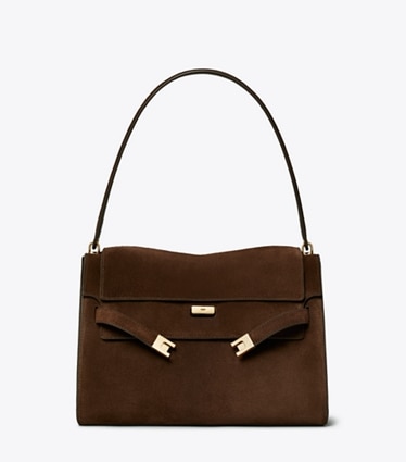Tory Burch diseñador bolsos de hombro Bolso de hombro grande Lee Radziwill de ante en Dark Cocoa frontal