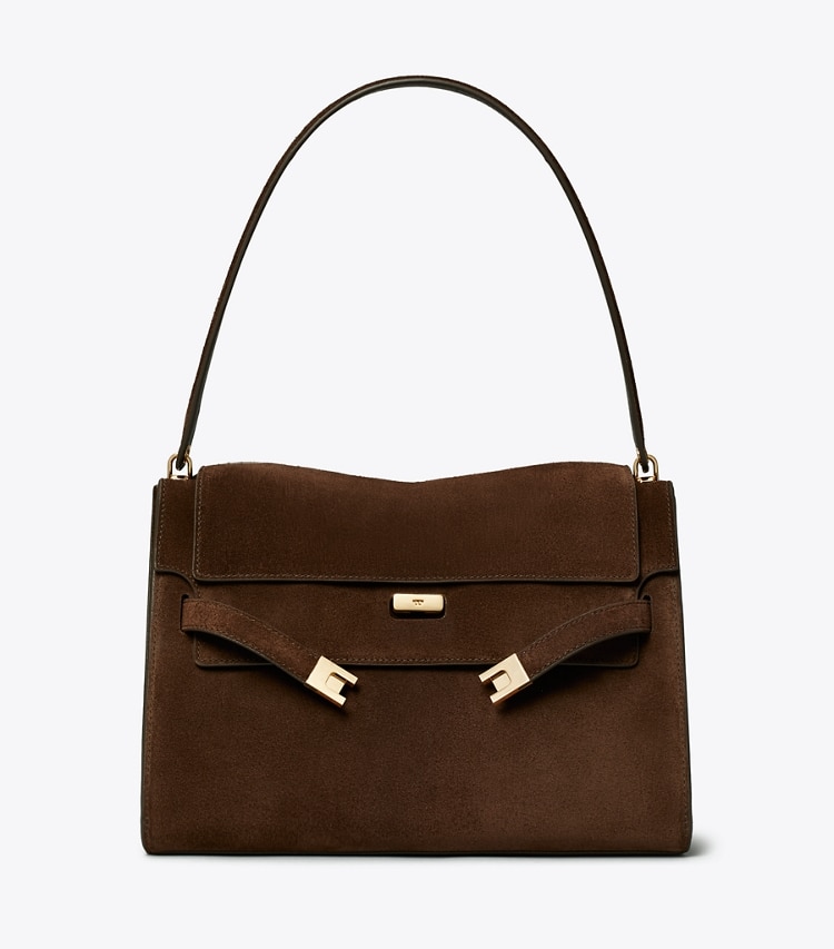 Tory Burch diseñador bolsos de hombro Bolso de hombro grande Lee Radziwill de ante en Dark Cocoa frontal