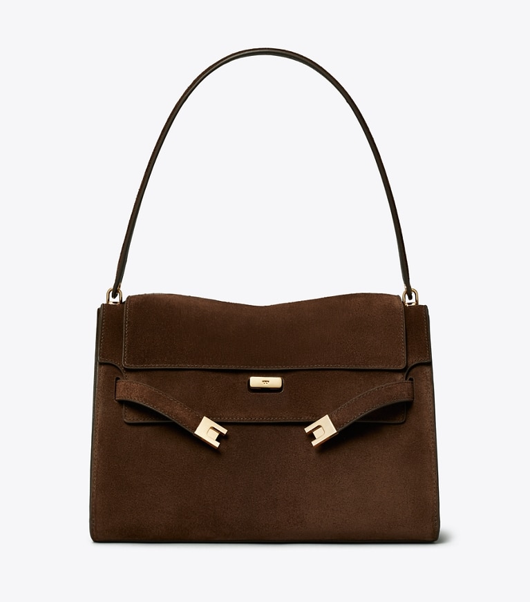 Tory Burch diseñador bolsos de hombro Bolso de hombro grande Lee Radziwill de ante en Dark Cocoa frontal