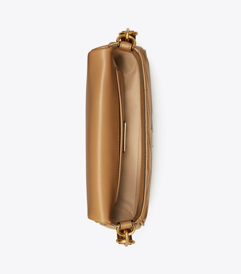 Tory Burch diseñador bolsos de hombro Bolso de hombro Kira de chevrón con solapa pequeña y borlas en Dusty Almond desde arriba