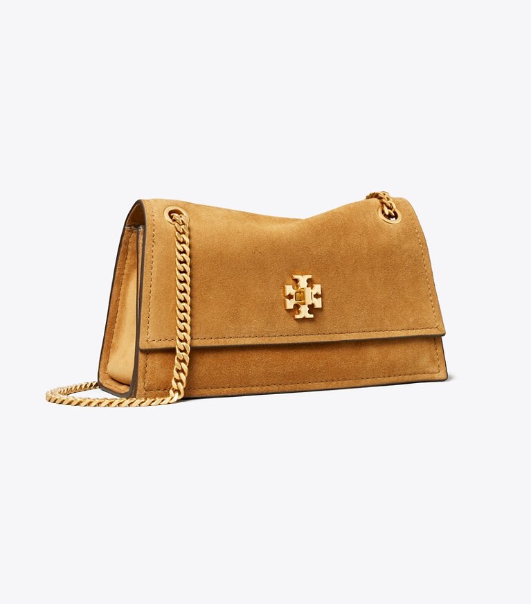 Tory Burch diseñador bolsos de hombro Bolso de hombro Mini Kira de gamuza con broche giratorio en Toffee ángulo