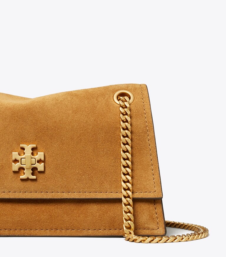 Tory Burch diseñador bolsos de hombro Bolso de hombro Mini Kira de gamuza con broche giratorio en Toffee detalle