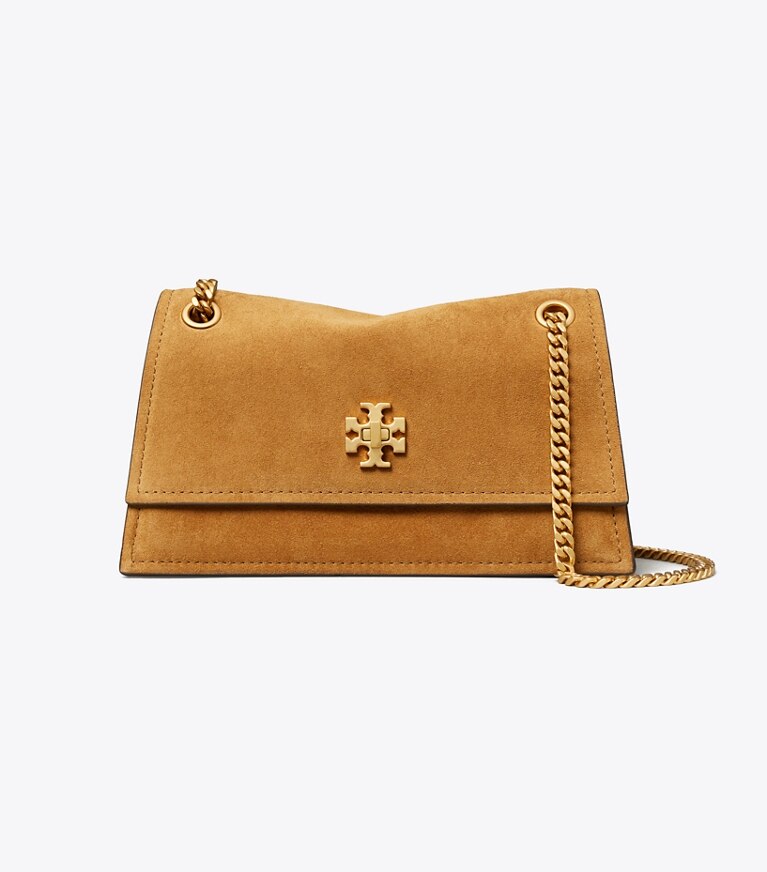 Tory Burch diseñador bolsos de hombro Bolso de hombro Mini Kira de gamuza con broche giratorio en Toffee frente