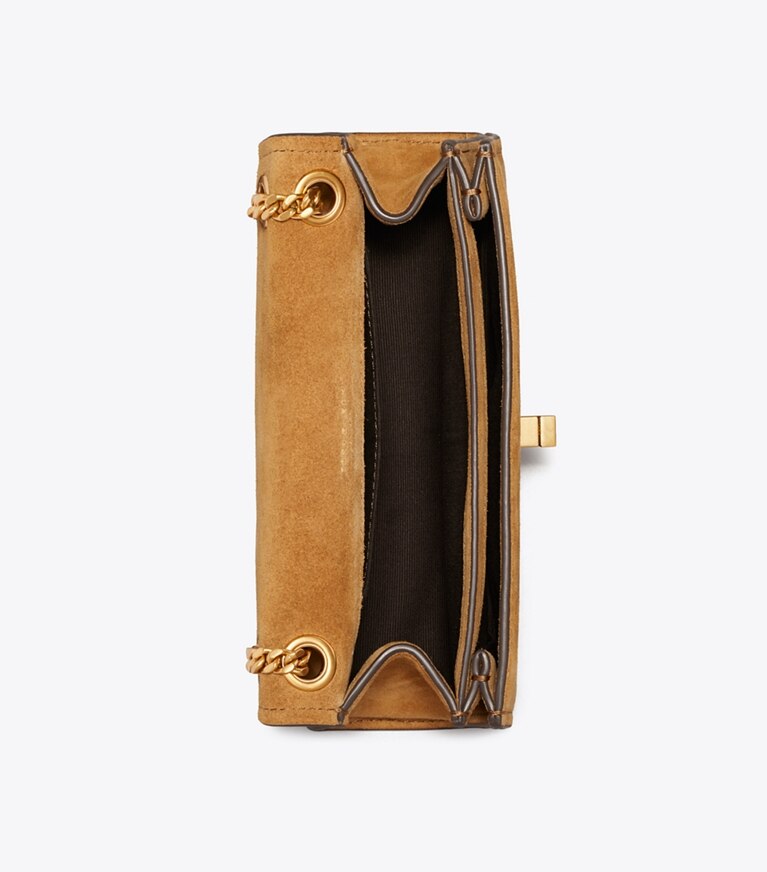 Tory Burch diseñador bolsos de hombro Bolso de hombro Mini Kira de gamuza con broche giratorio en Toffee vista superior