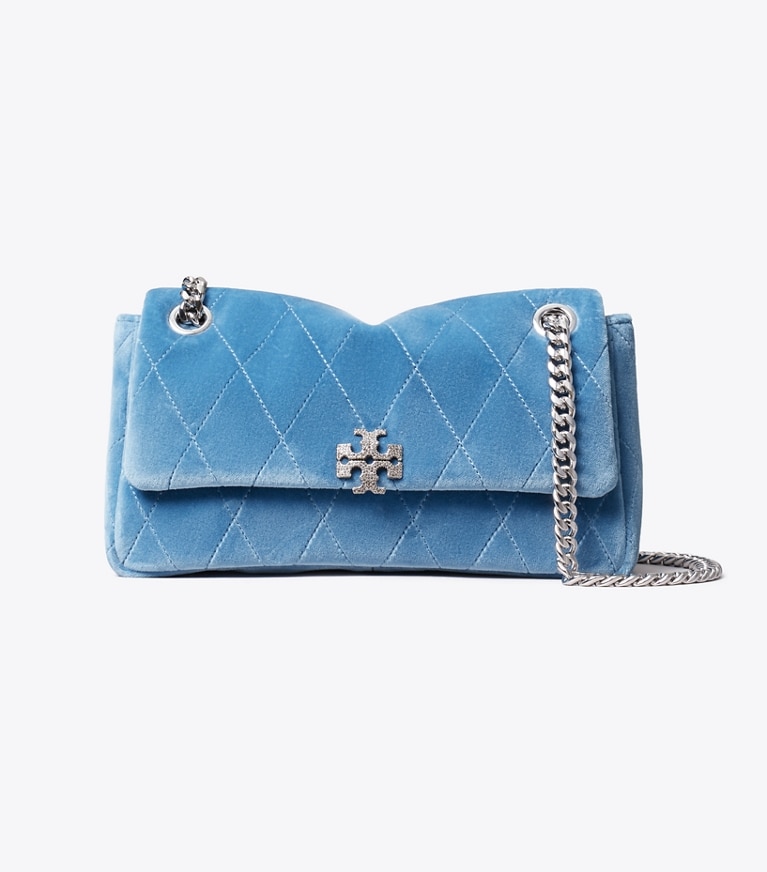 Tory Burch diseñador bolsos de hombro Bolso de hombro pequeño acolchado de terciopelo en pavé Charlie en Electric Blue frente