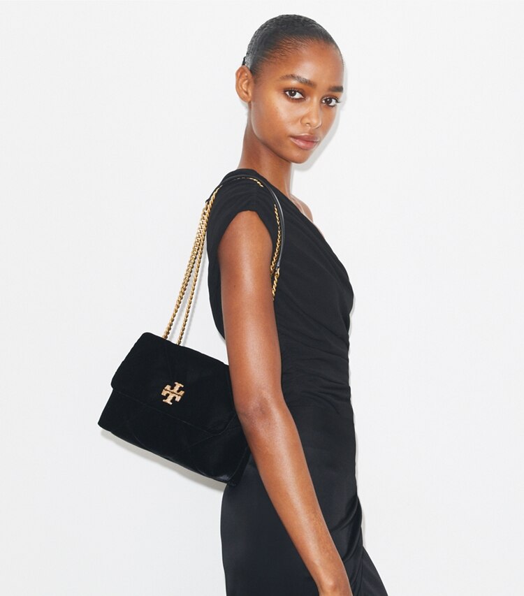 Tory Burch diseñador bolsos de hombro Bolso de hombro pequeño acolchado en forma de rombos Kira de terciopelo con pavé en Black accesorio en modelo