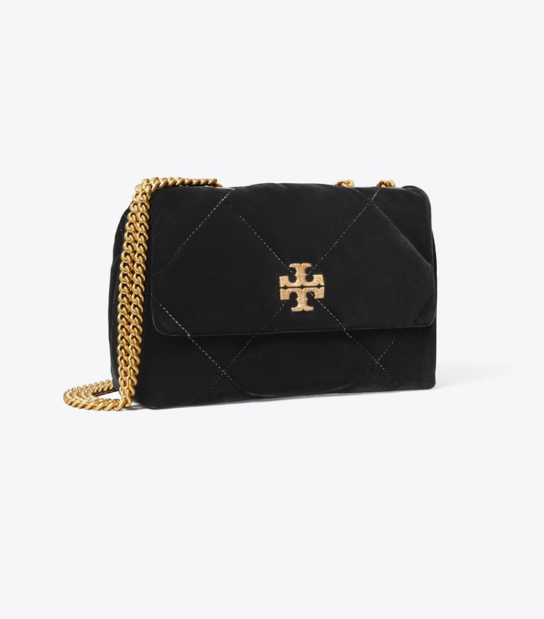 Tory Burch diseñador bolsos de hombro Bolso de hombro pequeño acolchado en forma de rombos Kira de terciopelo con pavé en Black ángulo