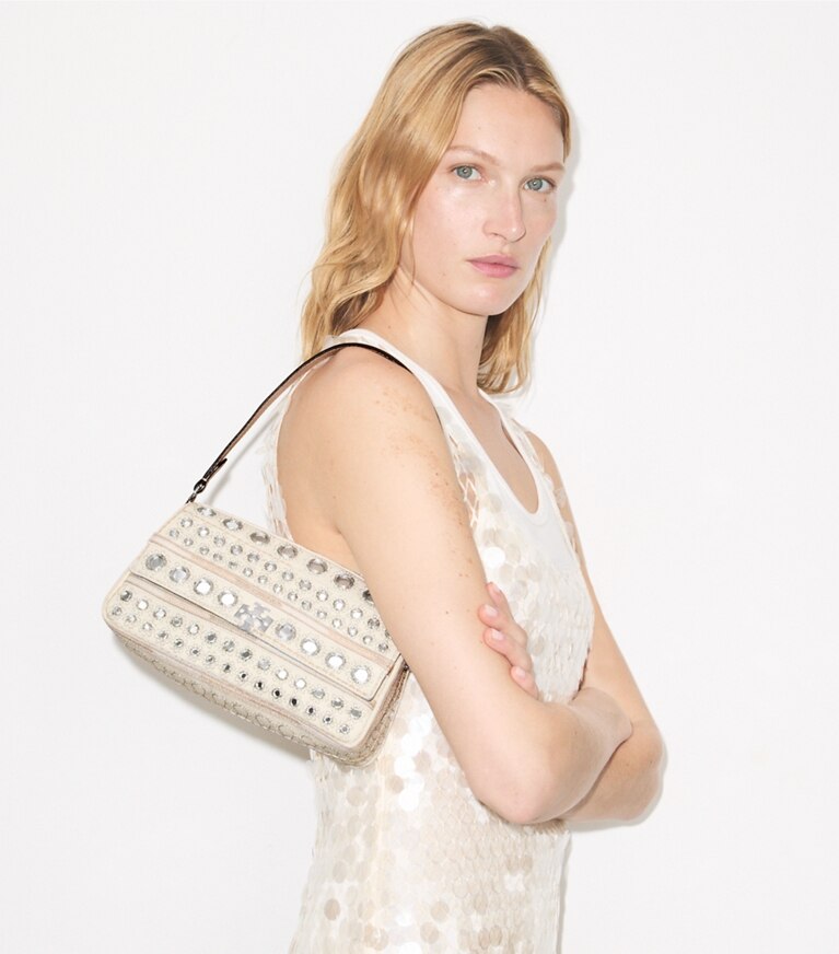 Tory Burch diseñador bolsos de hombro Bolso de hombro pequeño con adornos Charlie en New Ivory accesorio en modelo