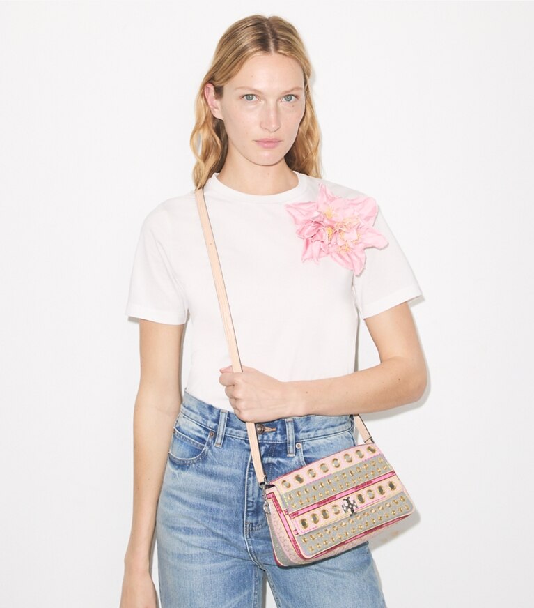 Tory Burch diseñador bolsos de hombro Bolso de hombro pequeño con adornos Charlie en Pink / Gray adicional en modelo