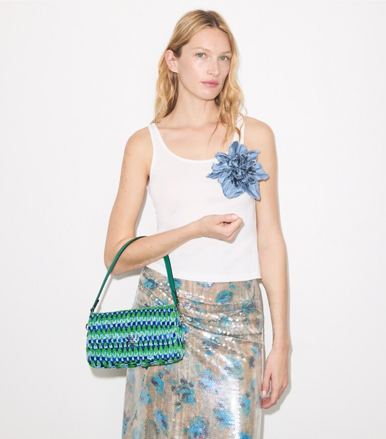Tory Burch diseñador bolsos de hombro Bolso de hombro pequeño con cuentas Charlie en Blue Multi accesorio en modelo