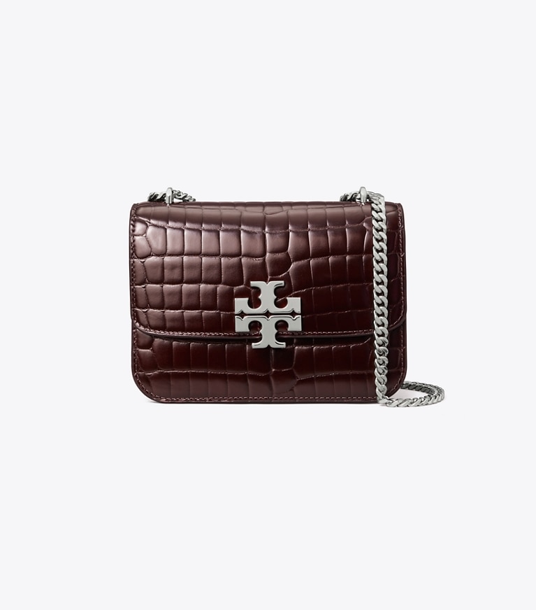 Tory Burch diseñador bolsos de hombro Bolso de hombro pequeño con grabado en relieve de cocodrilo Eleanor en Deep Burgundy frente