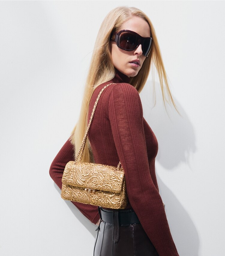 Tory Burch diseñador bolsos de hombro Bolso de hombro pequeño de brocado Bunny Knot en Antique Gold adicional en modelo
