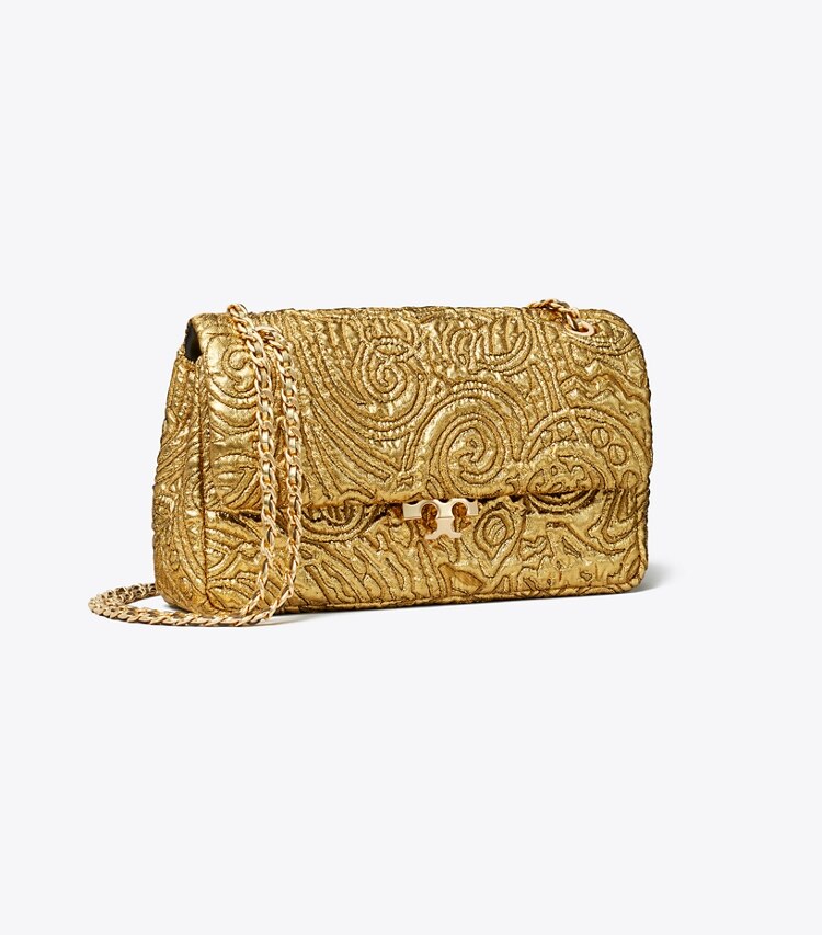 Tory Burch diseñador bolsos de hombro Bolso de hombro pequeño de brocado Bunny Knot en Antique Gold ángulo