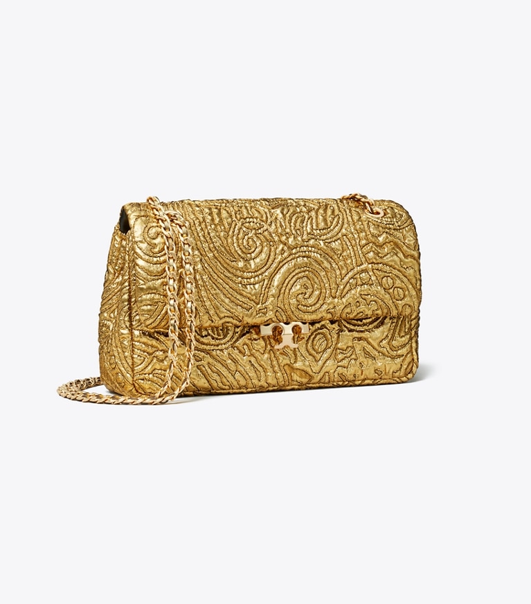 Tory Burch diseñador bolsos de hombro Bolso de hombro pequeño de brocado Bunny Knot en Antique Gold ángulo