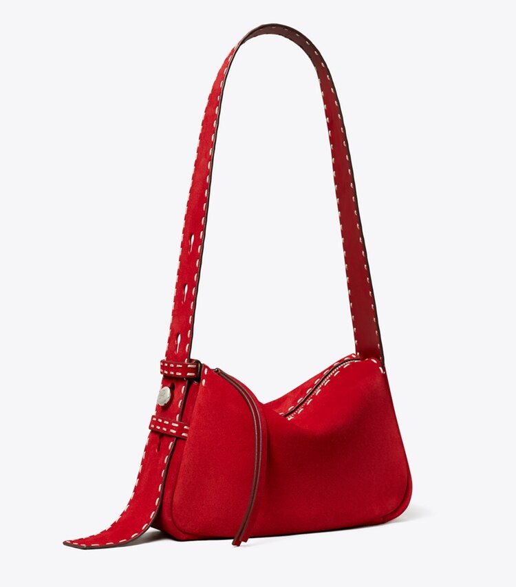 Tory Burch diseñador bolsos de hombro Bolso de hombro pequeño de gamuza con pespuntes Romy en Toucan Red ángulo