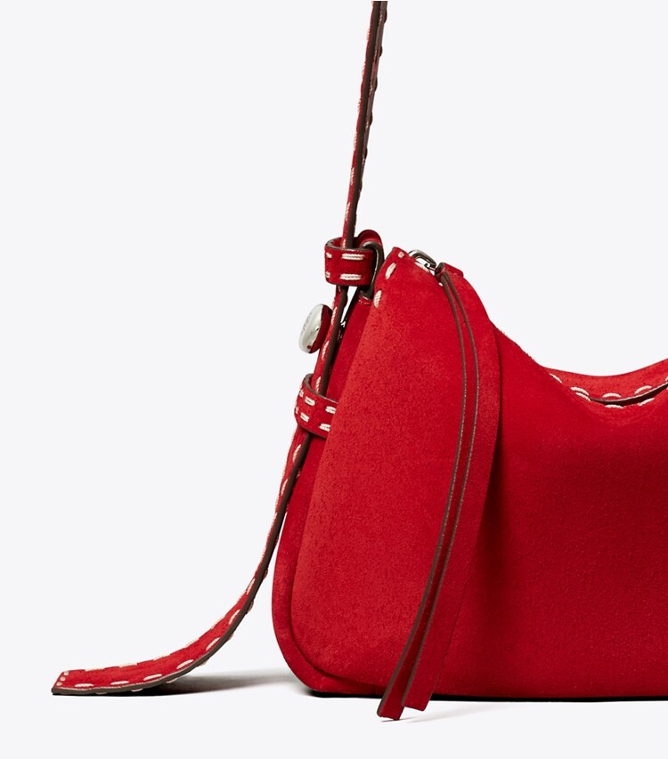 Tory Burch diseñador bolsos de hombro Bolso de hombro pequeño de gamuza con pespuntes Romy en Toucan Red detalle