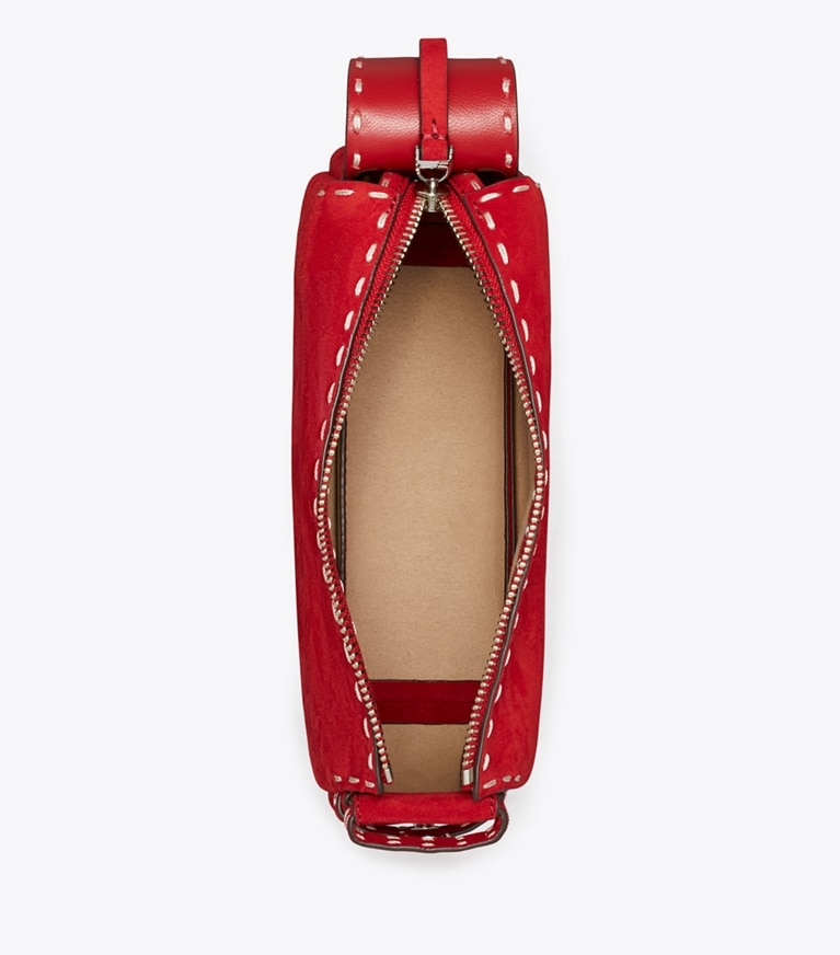 Tory Burch diseñador bolsos de hombro Bolso de hombro pequeño de gamuza con pespuntes Romy en Toucan Red vista superior