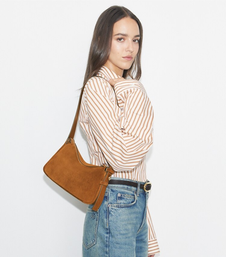 Tory Burch diseñador bolsos de hombro Bolso de hombro pequeño de gamuza Romy en Caramel accesorio en modelo
