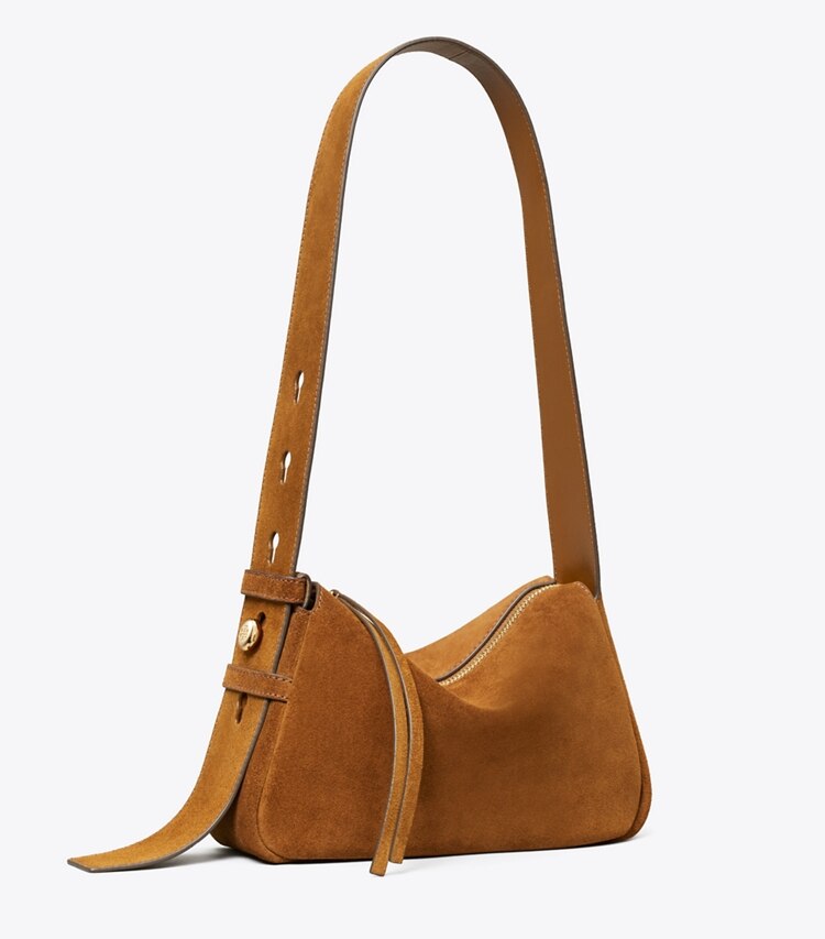 Tory Burch diseñador bolsos de hombro Bolso de hombro pequeño de gamuza Romy en Caramel ángulo