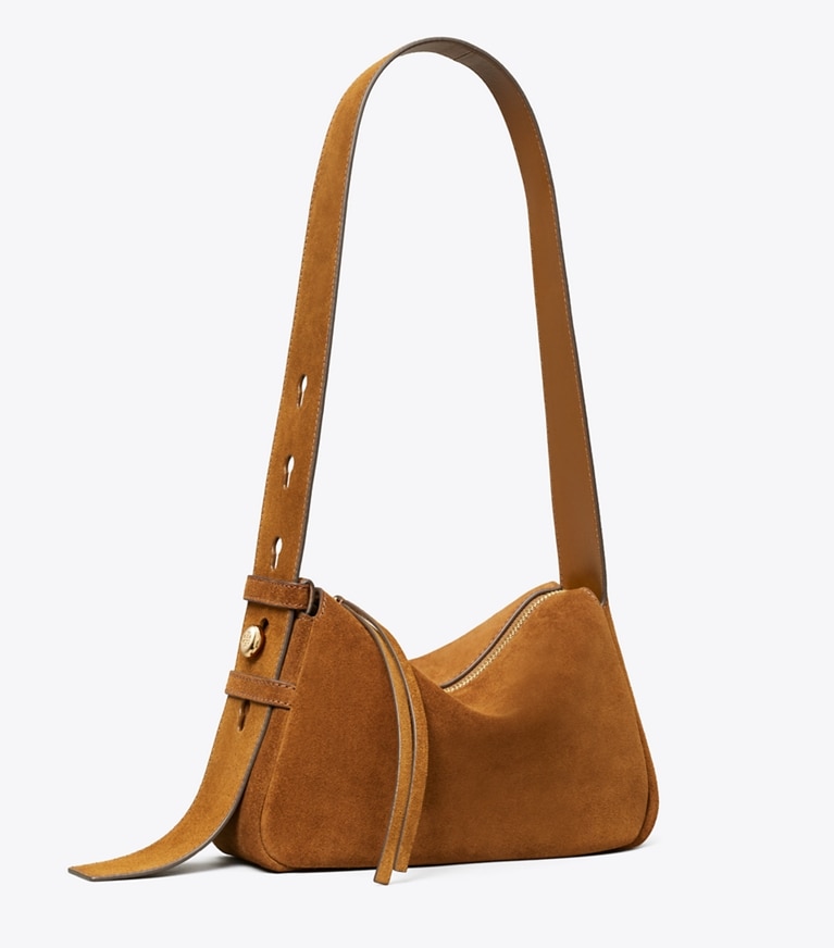 Tory Burch diseñador bolsos de hombro Bolso de hombro pequeño de gamuza Romy en Caramel ángulo