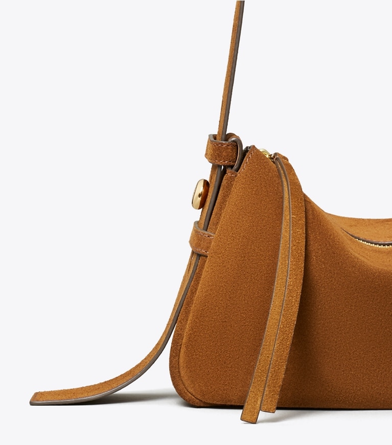 Tory Burch diseñador bolsos de hombro Bolso de hombro pequeño de gamuza Romy en Caramel detalle