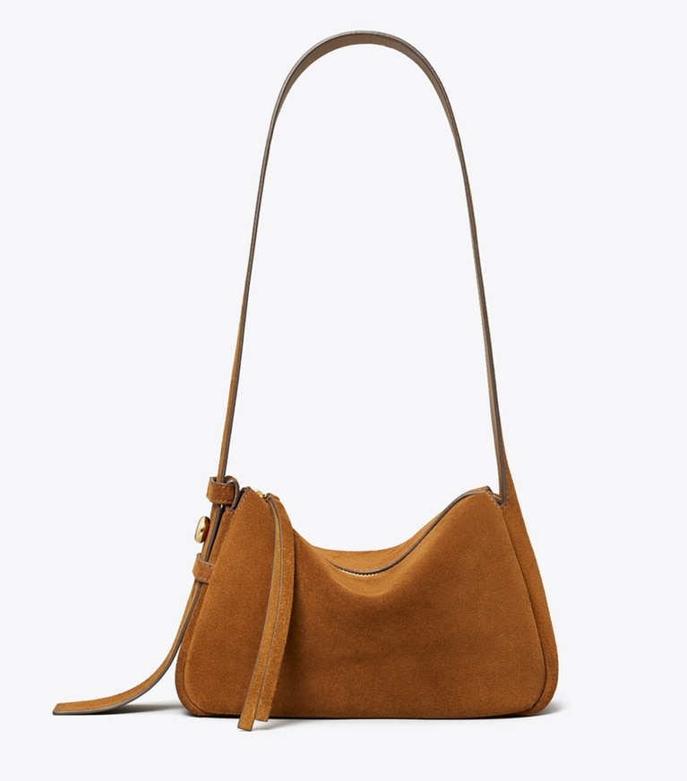 Tory Burch diseñador bolsos de hombro Bolso de hombro pequeño de gamuza Romy en Caramel frente