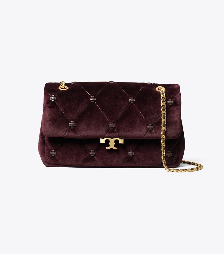 Tory Burch diseñador bolsos de hombro Bolso de hombro pequeño de terciopelo Bunny Knot en Dark Cherry frente