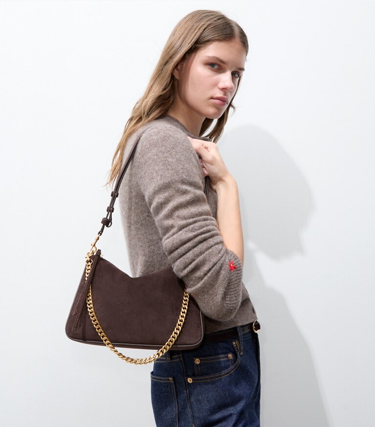 Tory Burch diseñador bolsos de hombro Bolso de hombro pequeño Perry de gamuza en Dark Cocoa accesorio en modelo