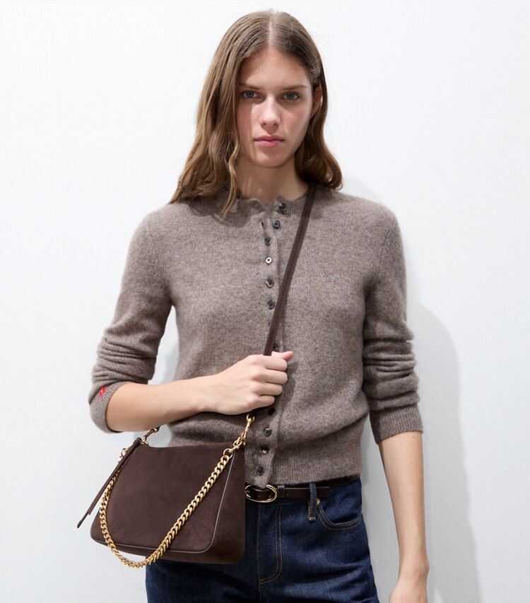 Tory Burch diseñador bolsos de hombro Bolso de hombro pequeño Perry de gamuza en Dark Cocoa adicional en modelo