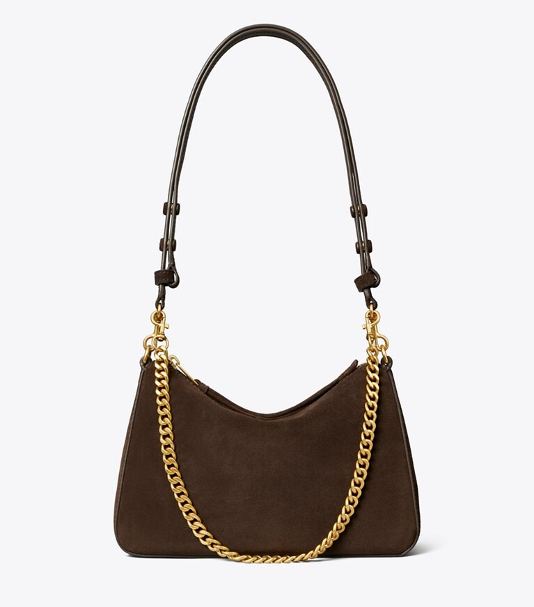 Tory Burch diseñador bolsos de hombro Bolso de hombro pequeño Perry de gamuza en Dark Cocoa frente