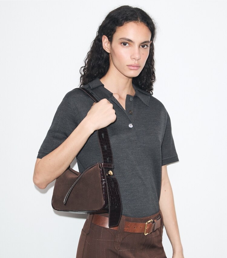 Tory Burch diseñador bolsos de hombro Bolso de hombro pequeño Romy de gamuza en DARK COCOA accesorio en modelo