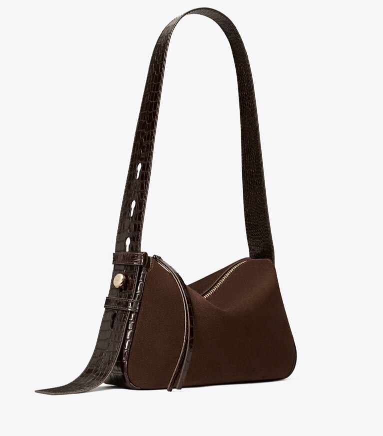 Tory Burch diseñador bolsos de hombro Bolso de hombro pequeño Romy de gamuza en DARK COCOA ángulo