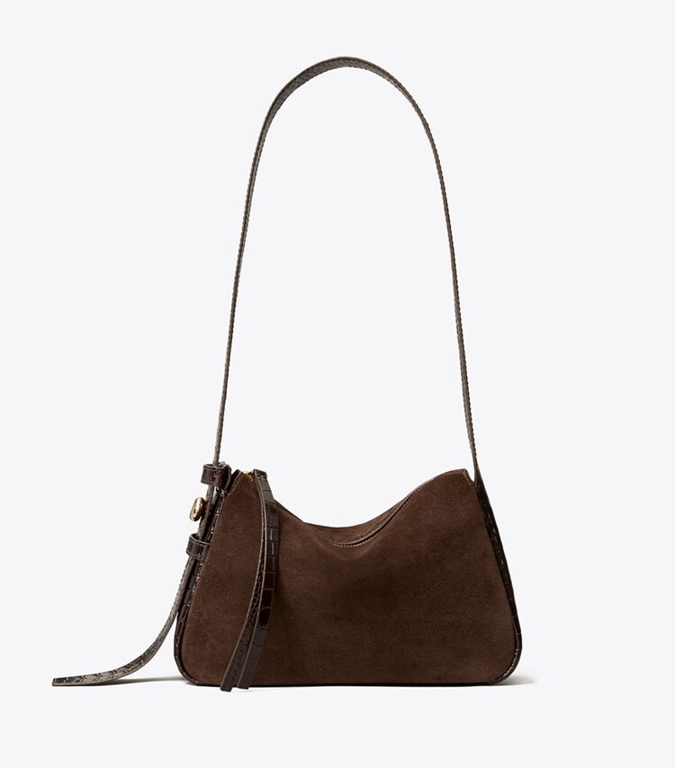Tory Burch diseñador bolsos de hombro Bolso de hombro pequeño Romy de gamuza en DARK COCOA frente