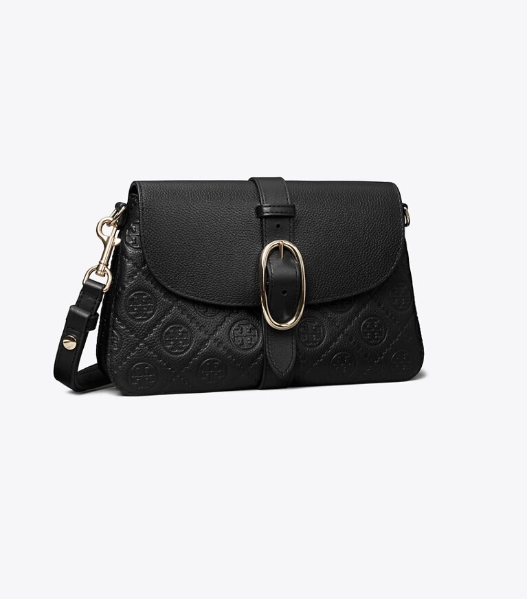Tory Burch diseñador bolsos de hombro Bolso de hombro pequeño suave de piel graneada con monograma T en BLACK ángulo