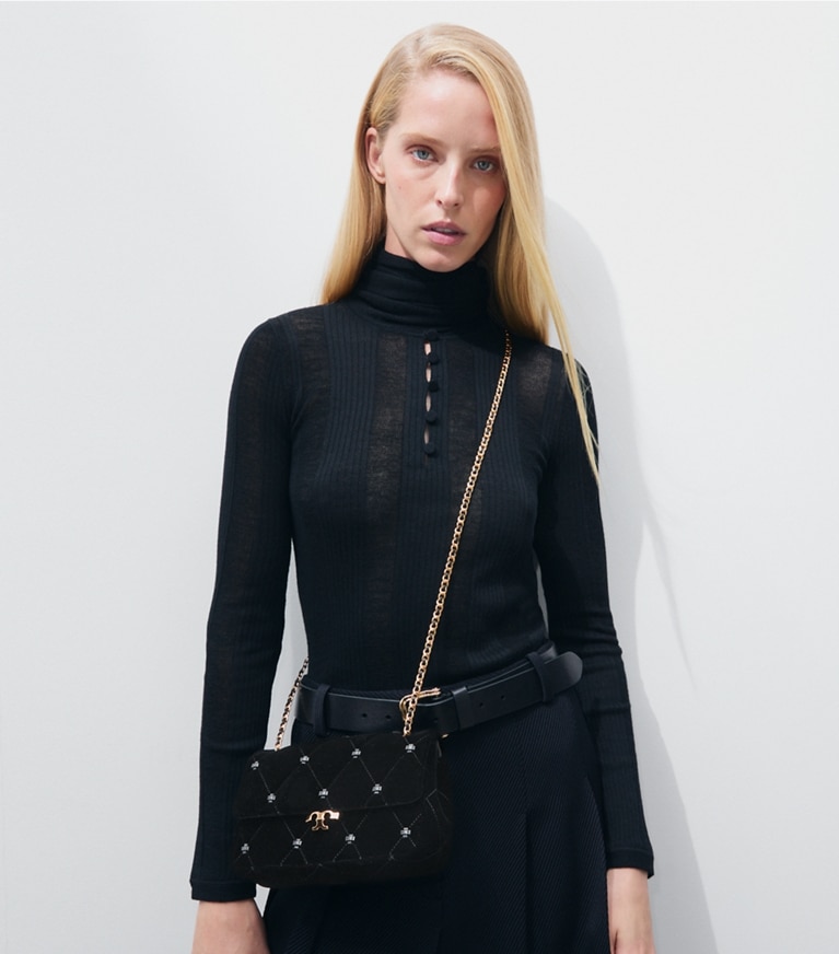 Tory Burch diseñador bolsos de hombro Bolso de hombro Small Bunny Knot de terciopelo en Black adicional en el modelo