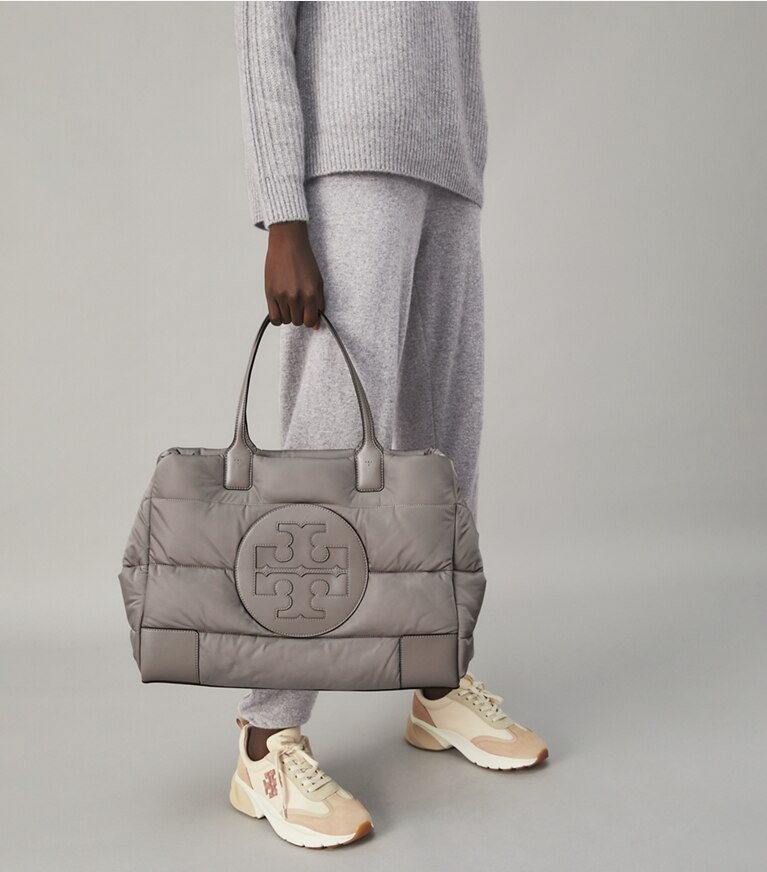 Tory Burch diseñador bolsos tote Bolso de mano acolchado Ella en Gray Heron accesorio en modelo