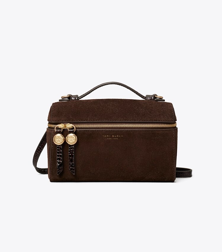 Tory Burch diseñador bolsos bandolera Bolso de mano de gamuza delgado Romy en DARK COCOA frente