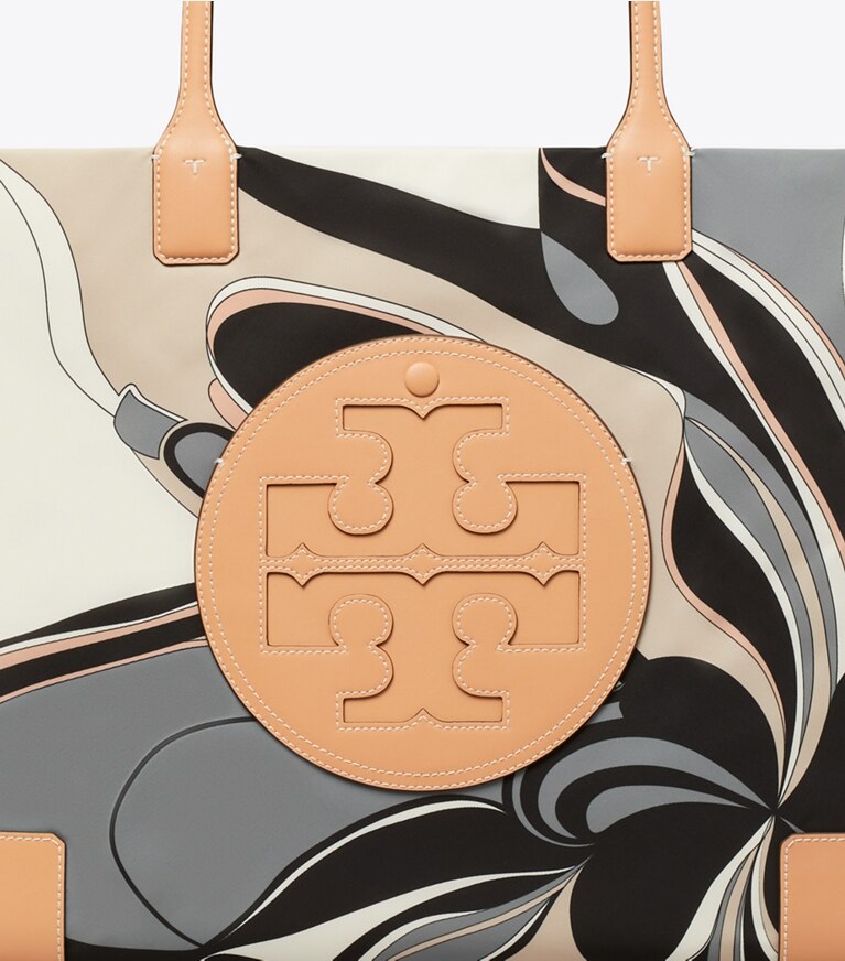 Tory Burch diseñador bolsos tote Bolso de mano Ella estampado en Neutral Tulip Swirl detalle