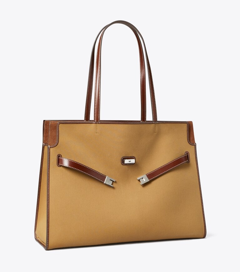 Tory Burch diseñador bolsos tote Bolso de mano Lee Radziwill de lona en Khaki ángulo